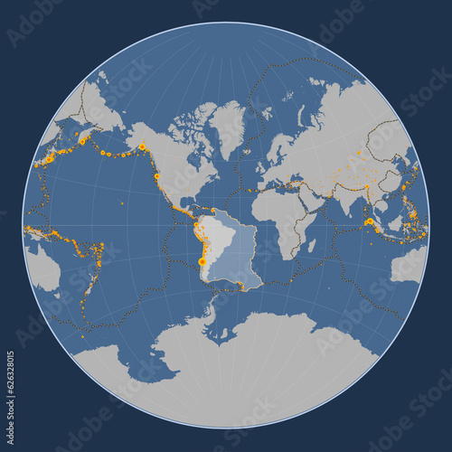 South American tectonic plate. Contour. Lagrange. Earthquakes and boundaries