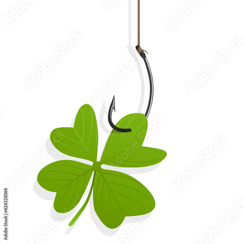 Concept de la chance avec un trèfle à quatre feuilles attrapé avec un hameçon.