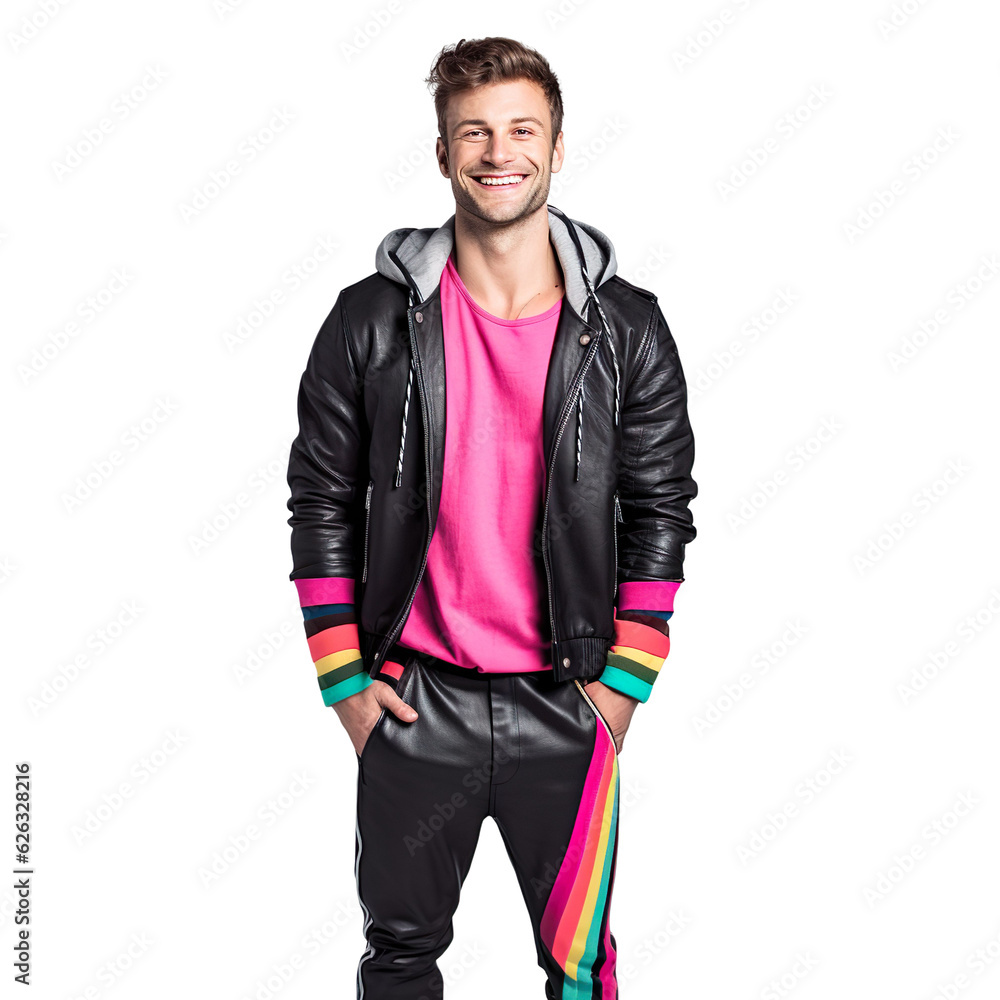 man dressed in black jogger pants, pink t-shirt, and a black leather jacket adorned with vibrant rainbow stripes, isolated on a transparent white background man dressed in black jogger pants, pink t-shirt, and a black leather jacket adorned with vibrant rainbow stripes, isolated on a transparent white background