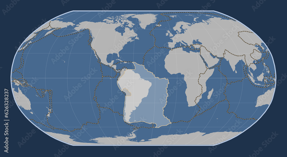 South American tectonic plate. Contour. Robinson. Boundaries
