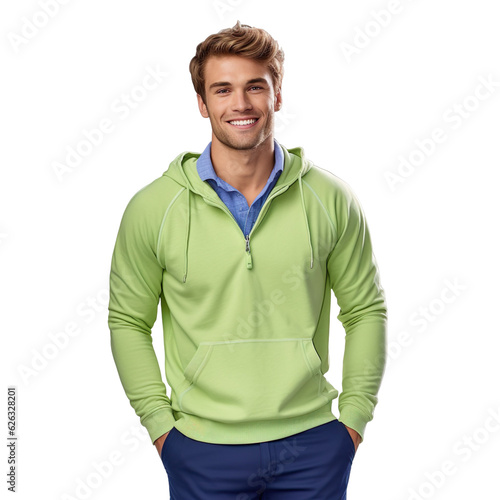 man dressed in navy blue pants, a light blue polo shirt, and a lime green zip-up hoodie, isolated on a transparent white background 