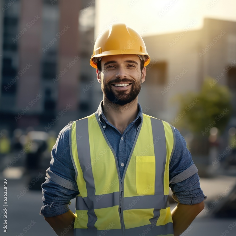 Beatiful confidence man builder worker in uniform and safety helmet smilling. Labour day. Beatiful confidence man builder worker in uniform and safety helmet smilling. Labour day.