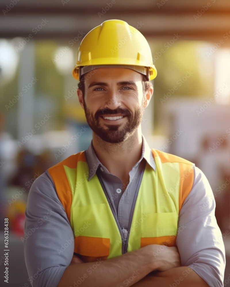Beatiful confidence man builder worker in uniform and safety helmet smilling. Labour day. Beatiful confidence man builder worker in uniform and safety helmet smilling. Labour day.