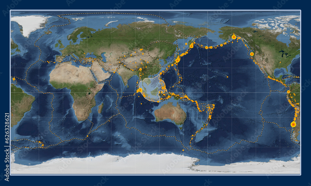 Sunda tectonic plate. Satellite. Patterson Cylindrical. Earthquakes and boundaries Sunda tectonic plate. Satellite. Patterson Cylindrical. Earthquakes and boundaries