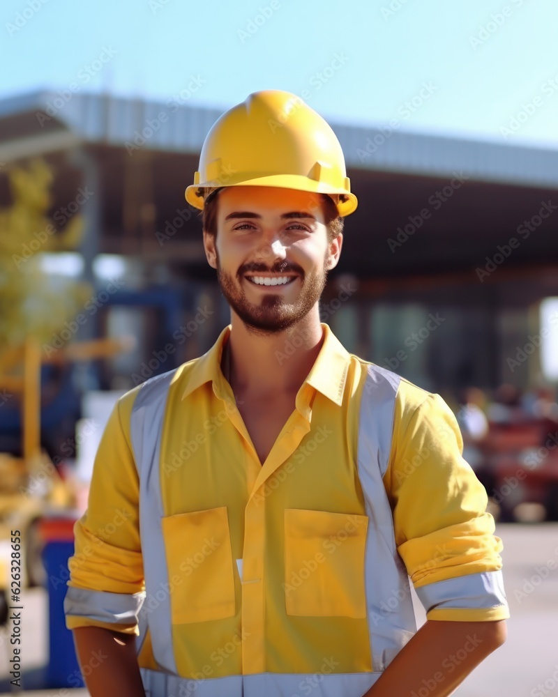 Beatiful confidence man builder worker in uniform and safety helmet smilling. Labour day. Beatiful confidence man builder worker in uniform and safety helmet smilling. Labour day.