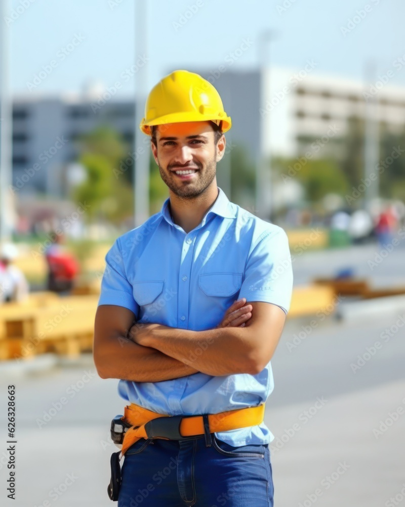 Beatiful confidence man builder worker in uniform and safety helmet smilling. Labour day. Beatiful confidence man builder worker in uniform and safety helmet smilling. Labour day.