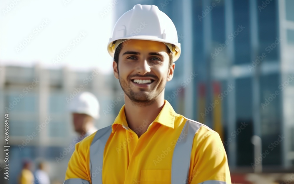 Beatiful confidence man builder worker in uniform and safety helmet smilling. Labour day. Beatiful confidence man builder worker in uniform and safety helmet smilling. Labour day.