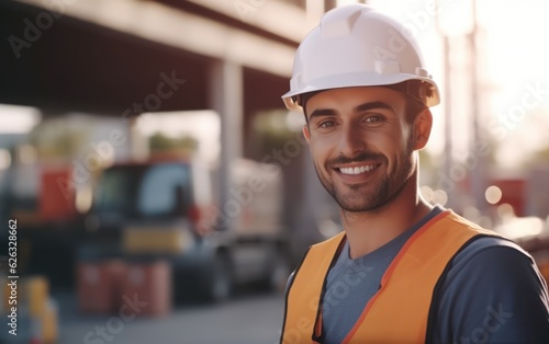 Beatiful confidence man builder worker in uniform and safety helmet smilling. Labour day. 