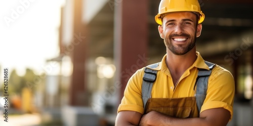 Beatiful confidence man builder worker in uniform and safety helmet smilling. Labour day.  © Viktor