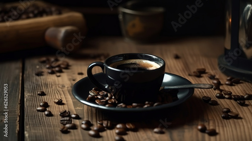 Roasted coffee beans in metal cup on a black background. Generative Ai