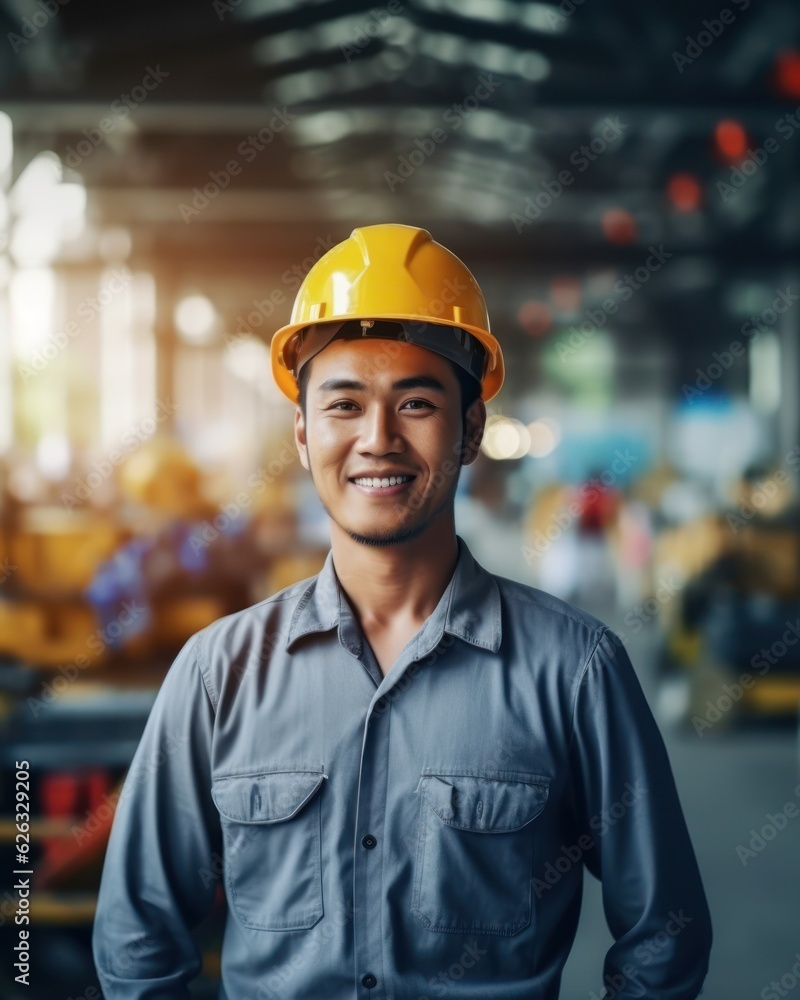 Beatiful confidence asian man builder worker in uniform and safety helmet smilling. Labour day. Generative AI Beatiful confidence asian man builder worker in uniform and safety helmet smilling. Labour day. Generative AI