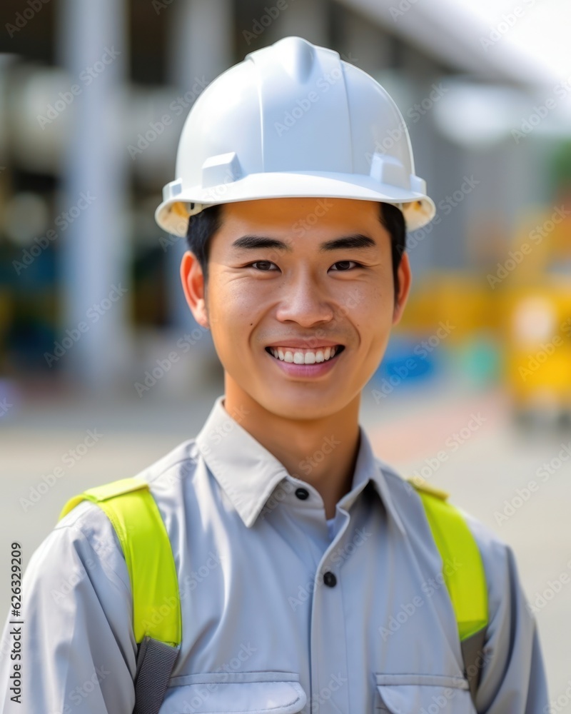 Beatiful confidence asian man builder worker in uniform and safety helmet smilling. Labour day. Generative AI Beatiful confidence asian man builder worker in uniform and safety helmet smilling. Labour day. Generative AI