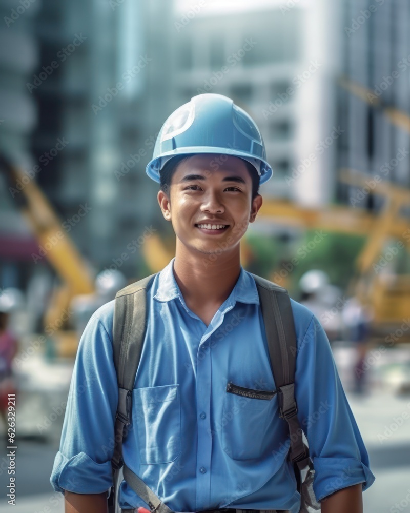 Beatiful confidence asian man builder worker in uniform and safety helmet smilling. Labour day. Generative AI Beatiful confidence asian man builder worker in uniform and safety helmet smilling. Labour day. Generative AI