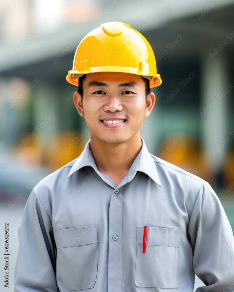 Beatiful confidence asian man builder worker in uniform and safety helmet smilling. Labour day. Generative AI Beatiful confidence asian man builder worker in uniform and safety helmet smilling. Labour day. Generative AI