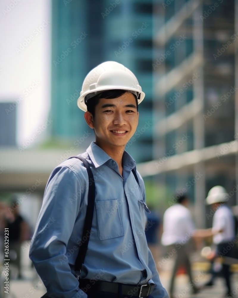 Beatiful confidence asian man builder worker in uniform and safety helmet smilling. Labour day. Generative AI Beatiful confidence asian man builder worker in uniform and safety helmet smilling. Labour day. Generative AI