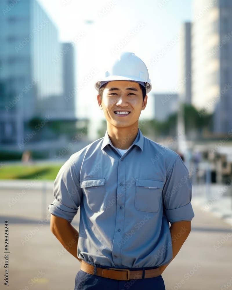 Beatiful confidence asian man builder worker in uniform and safety helmet smilling. Labour day. Generative AI Beatiful confidence asian man builder worker in uniform and safety helmet smilling. Labour day. Generative AI