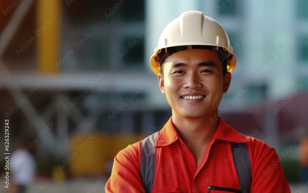 Beatiful confidence asian man builder worker in uniform and safety helmet smilling. Labour day. Generative AI Beatiful confidence asian man builder worker in uniform and safety helmet smilling. Labour day. Generative AI
