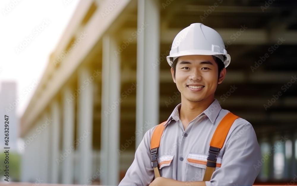 Beatiful confidence asian man builder worker in uniform and safety helmet smilling. Labour day. Beatiful confidence asian man builder worker in uniform and safety helmet smilling. Labour day.