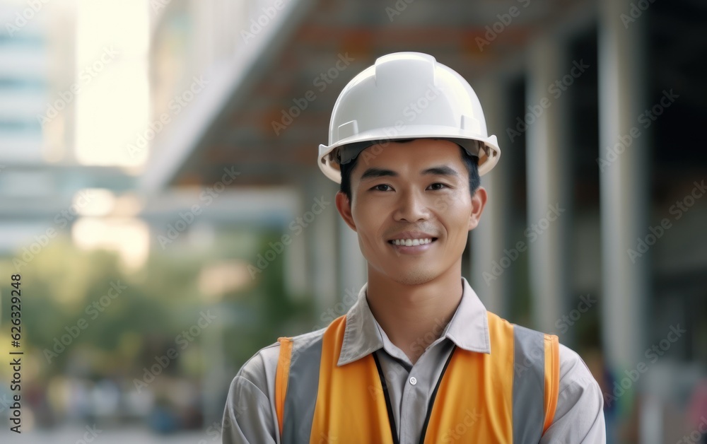 Beatiful confidence asian man builder worker in uniform and safety helmet smilling. Labour day. Beatiful confidence asian man builder worker in uniform and safety helmet smilling. Labour day.
