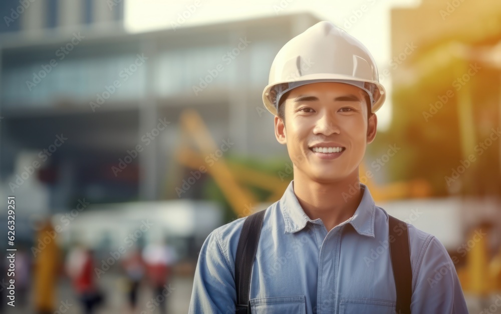 Beatiful confidence asian man builder worker in uniform and safety helmet smilling. Labour day. Beatiful confidence asian man builder worker in uniform and safety helmet smilling. Labour day.