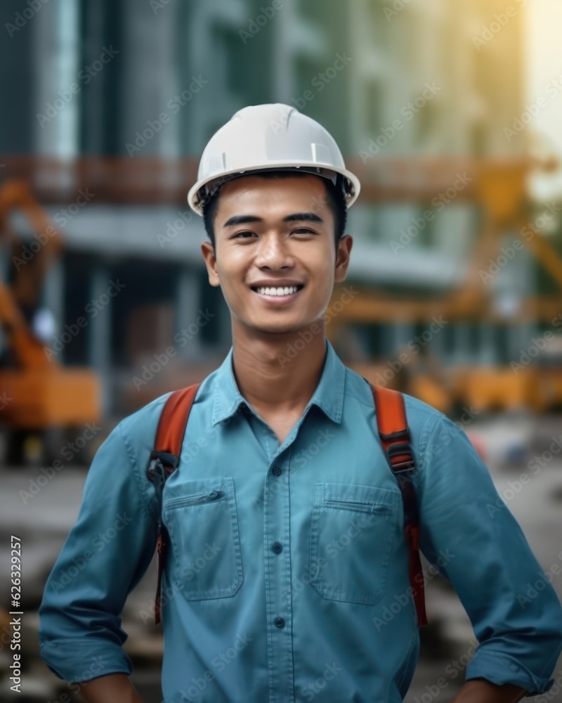 Beatiful confidence asian man builder worker in uniform and safety helmet smilling. Labour day. Beatiful confidence asian man builder worker in uniform and safety helmet smilling. Labour day.