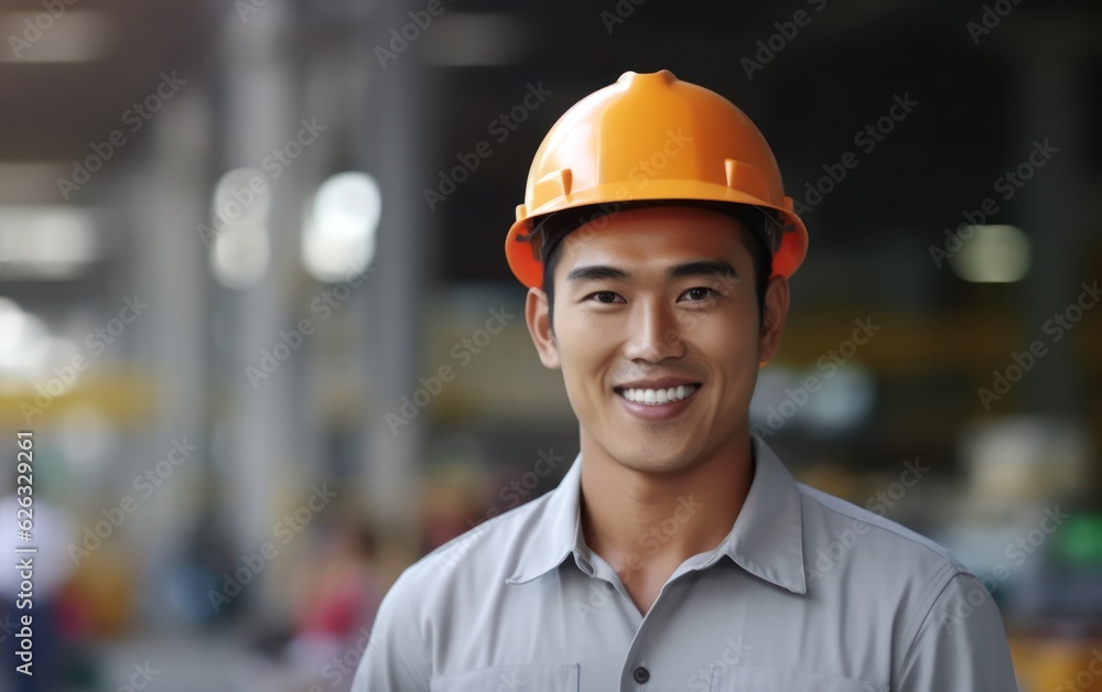 Beatiful confidence asian man builder worker in uniform and safety helmet smilling. Labour day. Beatiful confidence asian man builder worker in uniform and safety helmet smilling. Labour day.