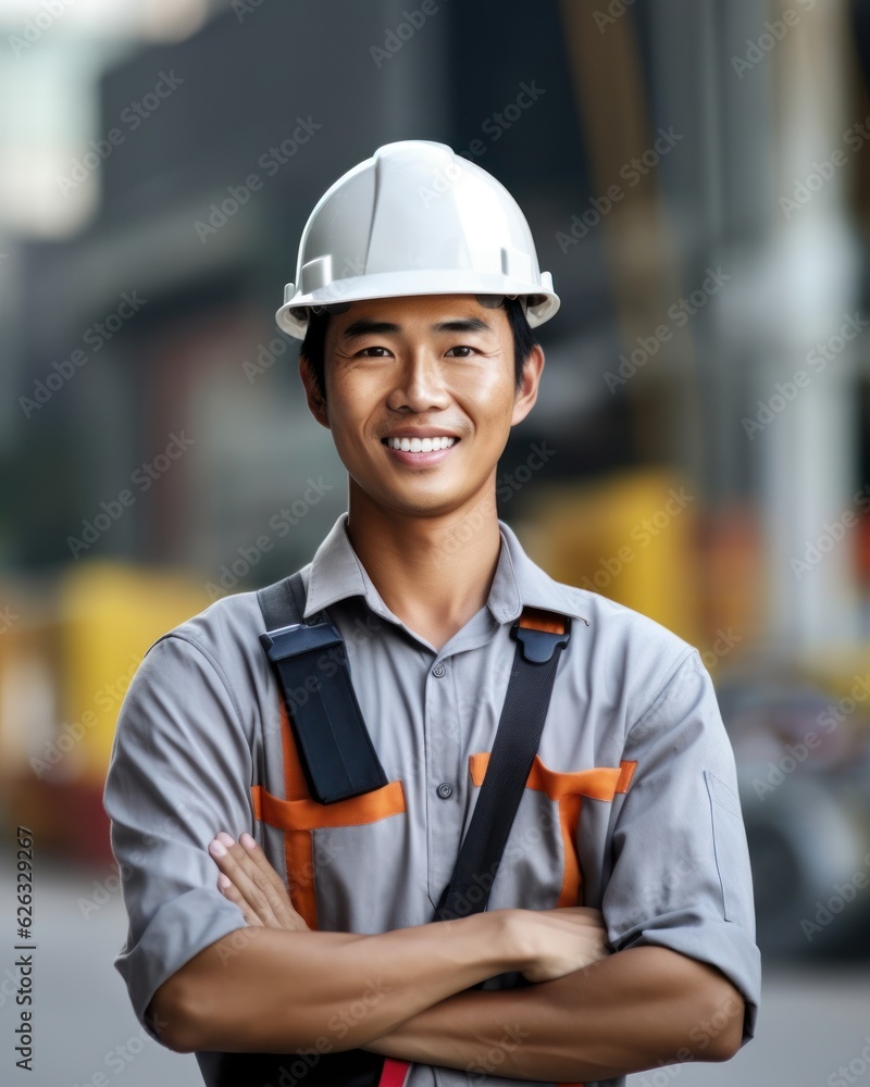 Beatiful confidence asian man builder worker in uniform and safety helmet smilling. Labour day. Beatiful confidence asian man builder worker in uniform and safety helmet smilling. Labour day.