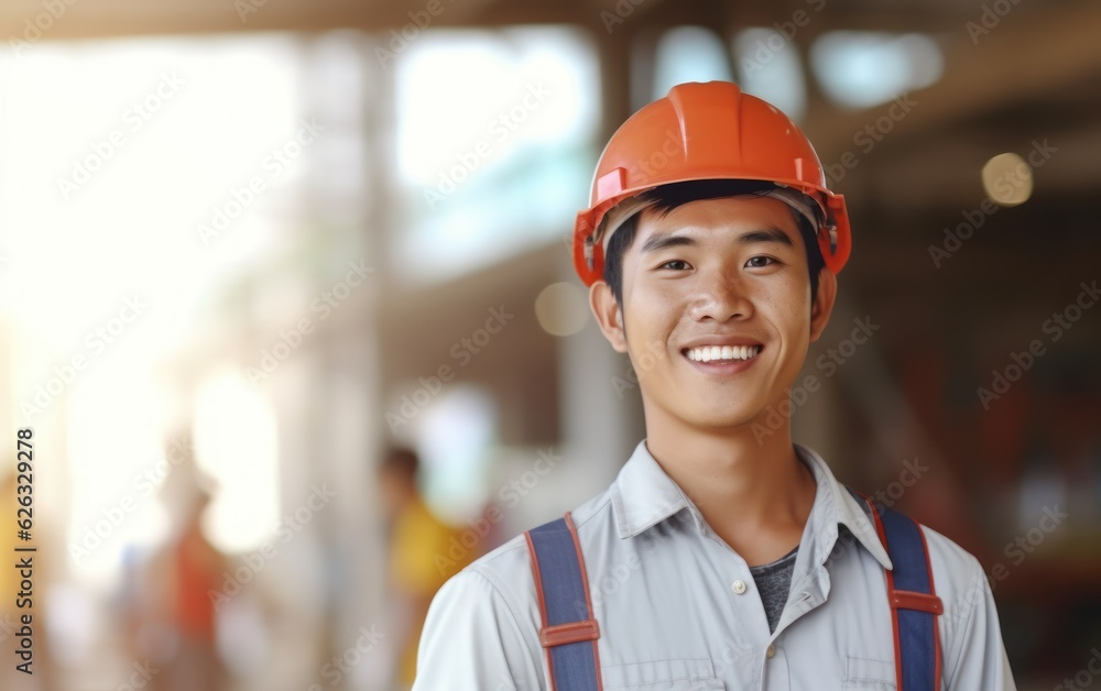 Beatiful confidence asian man builder worker in uniform and safety helmet smilling. Labour day. Beatiful confidence asian man builder worker in uniform and safety helmet smilling. Labour day.