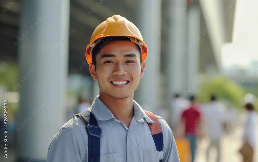 Beatiful confidence asian man builder worker in uniform and safety helmet smilling. Labour day. Beatiful confidence asian man builder worker in uniform and safety helmet smilling. Labour day.