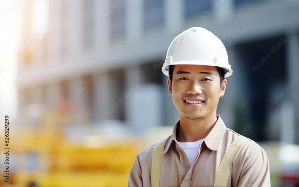 Beatiful confidence asian man builder worker in uniform and safety helmet smilling. Labour day. Beatiful confidence asian man builder worker in uniform and safety helmet smilling. Labour day.