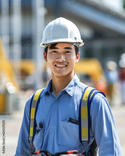 Beatiful confidence asian man builder worker in uniform and safety helmet smilling. Labour day. Generative AI