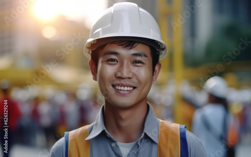 Beatiful confidence asian man builder worker in uniform and safety helmet smilling. Labour day. Generative AI