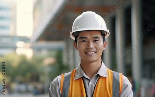 Beatiful confidence asian man builder worker in uniform and safety helmet smilling. Labour day. 