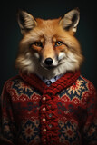 Fox in Christmas sweater. Generative AI