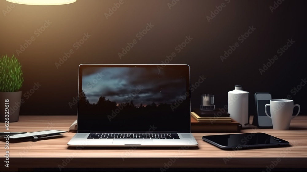 Laptop, phone and coffee on the wood desk top view. Generative Ai Laptop, phone and coffee on the wood desk top view. Generative Ai