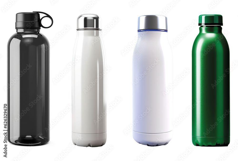 Empty Glossy Metal Reusable Water Bottle with Silver Bung Set. Design template of Packaging Mockup. Front View isolated on transparent background Empty Glossy Metal Reusable Water Bottle with Silver Bung Set. Design template of Packaging Mockup. Front View isolated on transparent background