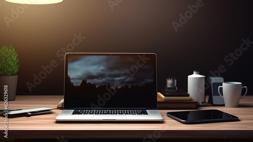 Wallpaper Mural Laptop, phone and coffee on the wood desk top view. Generative Ai Torontodigital.ca