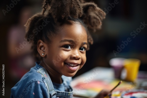 A smiling black-skinned preschooler girl happily engaged in a painting activity, showcasing creativity and imagination. The background is a colorful classroom. Generative AI.