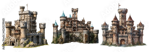 Old fairytale castle, medieval castle isolated on transparent background photo
