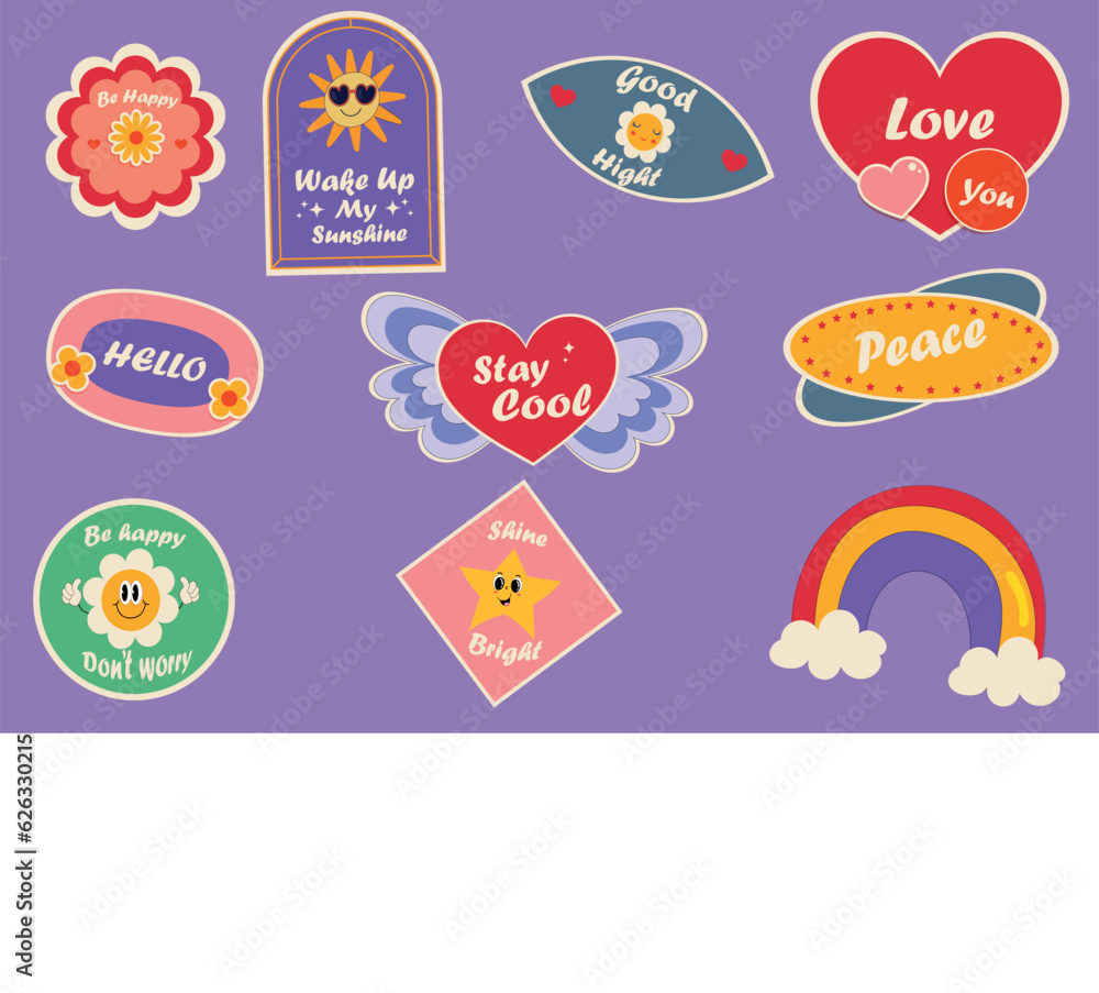 Retro Trendy Emotion Stickers Set. Colorful retro cartoon label shape set. Collection of trendy vintage y2k sticker shapes. Funny soft pastel color quote sign bundle. Cute children icon