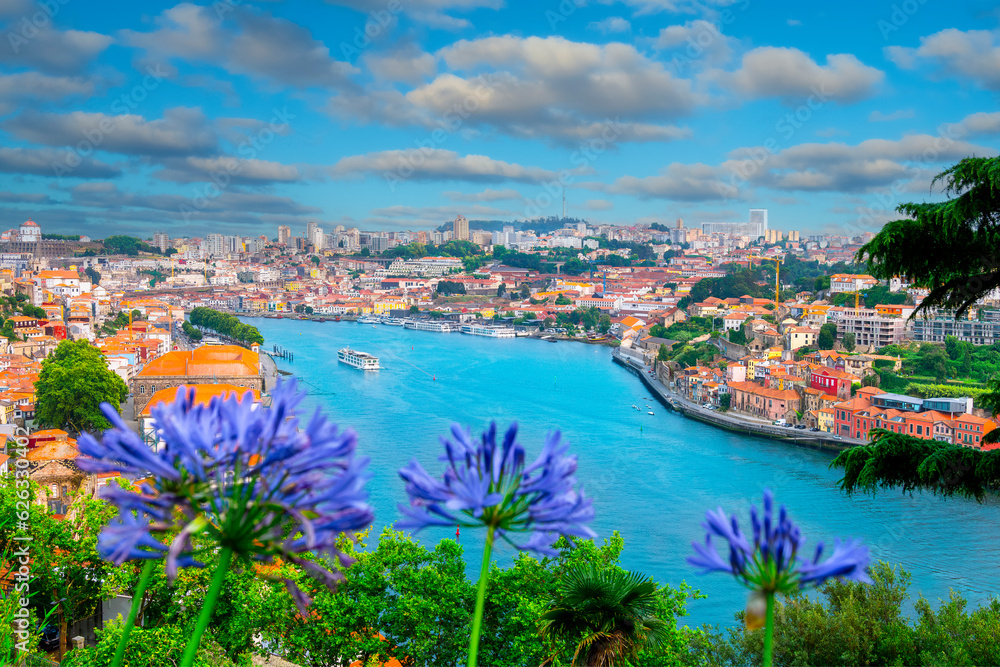 Panoramic top view of the famous landmark River Douro, traditional houses and the skyline of Porto City, in Portugal