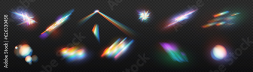 Set of colorful vector lenses and light flares with transparent effects. Iridescent crystal leak glare reflection effect. Optical rainbow lights, glare, leak, streak overlay. falling confetti. Vector