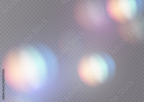 Set of colorful vector lenses and light flares with transparent effects. Iridescent crystal leak glare reflection effect. Optical rainbow lights, glare, leak, streak overlay. falling confetti. Vector