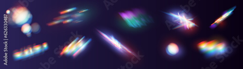 Set of colorful vector lenses and light flares with transparent effects. Iridescent crystal leak glare reflection effect. Optical rainbow lights, glare, leak, streak overlay. falling confetti. Vector photo