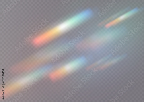 Set of colorful vector lenses and light flares with transparent effects. Iridescent crystal leak glare reflection effect. Optical rainbow lights, glare, leak, streak overlay. falling confetti. Vector
