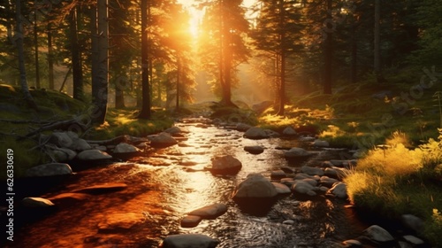 Forest with a tranquil stream at sunset.
