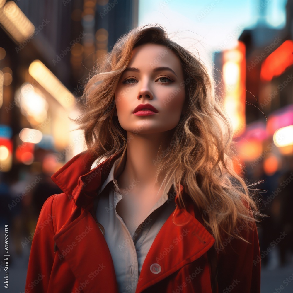A beautiful woman portrait, city street with new york city as background. Generative AI. A beautiful woman portrait, city street with new york city as background. Generative AI.