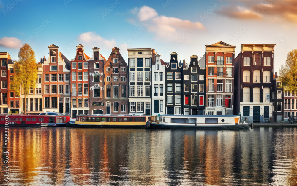 Amsterdam Netherlands dancing houses over river Amstel landmark in old european city spring landscape, Generative AI.
