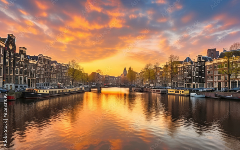 Amsterdam sunset city skyline at canal waterfront, Amsterdam, Netherlands, Generative AI.