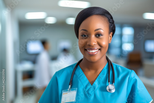 Proud and compassionate African American nurse in a hospital, smiling and embodying the dedication and warmth of healthcare professionals © MVProductions